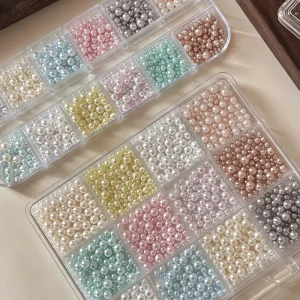 12Grids Glossy Candy Color Pearl Nail Rhinestones Mixed Size Round Colorful Pearl Beads Nail Charms Pearls Accessories