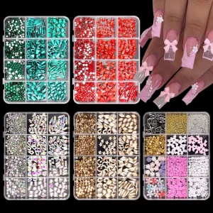 12Grids Mixed Nail Charms Multi Shape Flatback Crystals & 3D Flower Bow Charms Glass Rhinestones Manicure Decoration