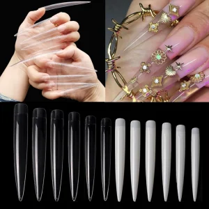 12Pcs Bag Stiletto False Nail Tips Half Cover Clear Nature Press on Nails Manicure Salon Extra Long False Nail Tips