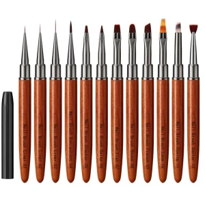 12Pcs Sandalwood Handle Acrylic Metal Nail Art Brush Set for Commercial Home Use Precision Brushes for Detailing Flower