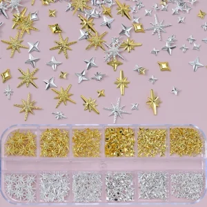 12grids 3D Gold Silver Star Cross Nail Rivet Studs Alloy Metallic Starlight Nail Charms Y2K 3d Cross Star Rivet Manicure