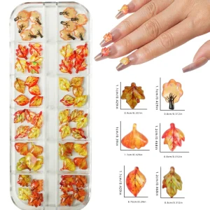 12grids Mixed Leaves Nail Art Charms 3d Colorful Leaves Resin Designs Manicure Decoration