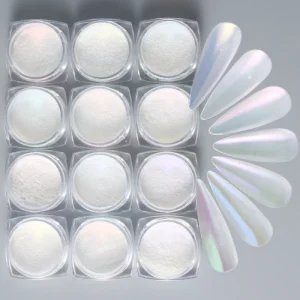 12pcs Set Aurora Mirror Nail Glitter Powder Pearl White Rubbing Dust Pigment Chrome Iridescent Holographic Nail Art Decorations