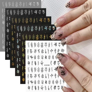 12pcs/set 8*10cm 3D Silver Laser Sun Star Moon Nail Sticker Holographic Bronzing Rose Leaf Nail Decal Adhesive Nail Decoration