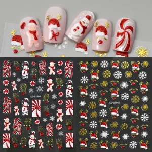 12pcs/set Gold Red Christmas Snowflake Nail Decals Santa Elk Snowman Cartoon Nail Stickers New Year Manicure Decoration