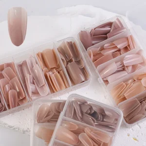 140pcs Box Gradient Nude Pink Blooming Almond Coffin Square Oval Full Cover Wearable Nail Art Tips