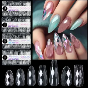 140pcs Set Plastic Long Coffin Diamond False Nails 3D Soft Full Cover Irregular Nail Tips