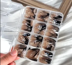 144Pcs Almond Snowflake Press on Nails Art Handmade DIY French False Nails Snowflake Design for Women Full Cover Fake Nails Tip