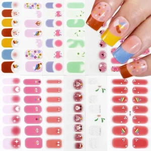 14Tips Foil Gel Nail Stickers Self-Adhesive Glittering Gel Full Nail Wraps Semi Cured Simple French Manicure Decal