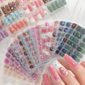 14Tips Glitter Bake Free Gel Nail Polish Sticker 3D Blue Pink Brown Adhesive Full Cover Nail Wraps Manicure Art Decal Nail Patch
