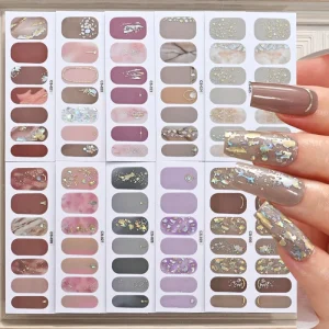 14tips 3D Bronzing Gold Gel Nail Wraps Sticker Full Cover Summer Shell Self-Adhesive French Line Nail Stickers