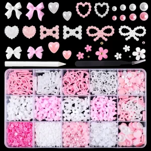 15 Grid Nail Art Bow Resin Ribbon Five-petal Flower Rhinestone 1000pcs 3D Acrylic Charms Kawaii Colorful Bow Decoration