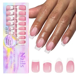 150 Pcs 15 Sizes French Tip Press on Nails Pink Long Square False Nails 3 in 1 Pre french Nail Tips Plastic DIY Nail Art