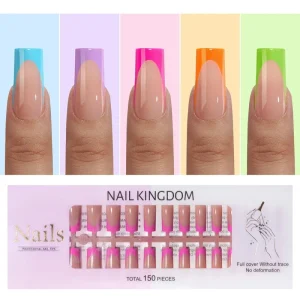 150Pcs Press on Nails French Style Simple Five Color Outfit Long Square Wearable Colorful Press on Nails French Tip