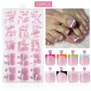 150pcs French Tip Press on Toenails Nude Pink Square Artificial Reusable PMMA Fake Toe Nails Foot False Nails Pedicure Nail Art