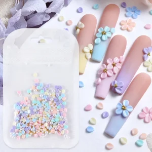 150pcs/bag Colorful White 3D Carving Gold Petals Handmade Resin Flower Nail Charms Rhinestones DIY 3D Flower Nail Supplies