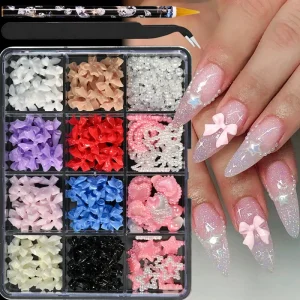 15Grids 3D Nail Charms Flatback Pearls Multi Styles Bowknot Charms 2-6mm White Nail Love for Nail Art Design With Pickup Tools