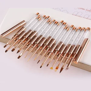 15pcs Professional Nail Brushes Set for Ombre Nail Art Oval Nylon Crimped Brushes with Rose Gold Metal Handle for UV Gel