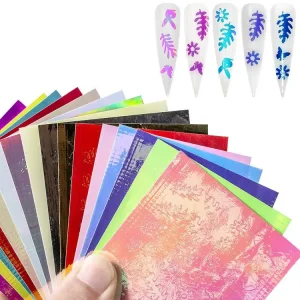 16-Color Laser Holographic Nail Foil Paper Leaf Flower Rabbit Pattern Sticker Set with Flame Design