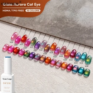 16 Colors Glass Aurora Cat Eye Nail Gel Polish 15ml TPO HEMA Free Magnetic Effect Custom Logo Nail Art Cat Eye Gel