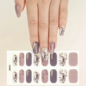 16 Fingers UV Gel Nail Stickers Semi Cured Semi Baked Gold Foil Nail Patches Need UV Lamp Curing
