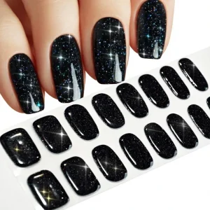 16Tips Black Glitter Semi Cured Gel Adhesive Nail Sticker Foil Full Cover Long Lasting Polish Strips