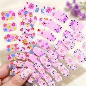 16Tips Sheet Colorful Gel Nail Stickers Full Cover Nail Polish Strips Floral Flowers Long Lasting No Baking Nail Wraps Decals