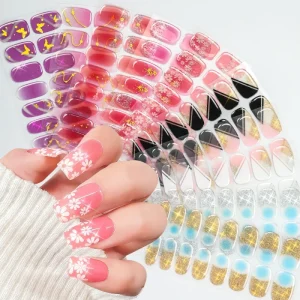 16Tips set Gold Foil Semi Cured Gel Nail Sticker Pink Flower Non Baked Full Cover Gel Stickers No UV Lamp Needed Gel Nail Patch