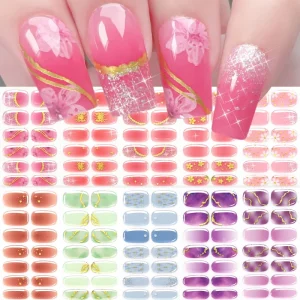 16Tips sheet Pink Flower Glitter Solid Semi-Cured Gel Nail Sticker Gel Press on Nails Gradient Pink No Baking Nail Wraps Decals