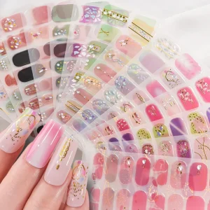 16tips Sheet Full Cover Summergel Nail Wraps Sticker 3D Self Adhesive Bronzing Gold Line French Nail Strips Baking Free