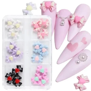 18pcs Box FANXI FX251020-2 Valentine Kawaii 3D Resin Nail Charms Pink Bow & Heart Love Decoration