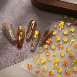 1Pc 5D Relief Golden Jelly Autumn Winter Maple Leaf Nail Sticker Fall Plant Self-Adhesive Decals Maple Leaves Manicure Sliders