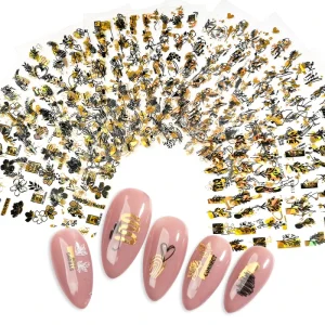 1Pc Black Gold Leaves Nail Art Sticker Holographic Floral Laser Slices Nail Foils Decals Tips Manicure Decorations