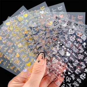 1Sheet Laser Love English Letters Flower Design 3D Nail Sticker Sexy Girl Theme Nail Decal Stickers Decoration Manicures DIY