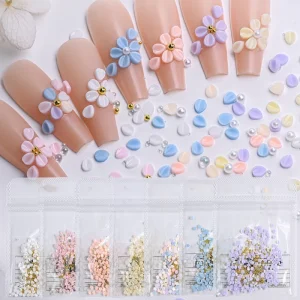 1bag(150pcs) Small Round Carving Petal Nail Charms Mixed Gold Steel Ball Pearl Resin Floral Nail Decor Petal Nail Rhinestones
