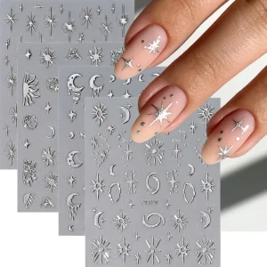 1pc 3D 8*10cm Bronzing Silver Star Moon Sun Nail Stickers Metallic Silvery Starlight Y2k Nail Decals Self-Adhesive DIY Decals
