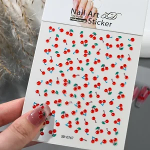 1pc 5D Cute Red Crystal Cherry Nail Art Stickers Soft Jelly Summer Cherry Nail Decals Adhesive Sweet Fruit Nail Decorations