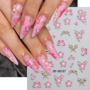 1pc 5D Embossed Nail Art Stickers Pink Flowers Butterflys Nails Decals Decorations for Manicures Silder