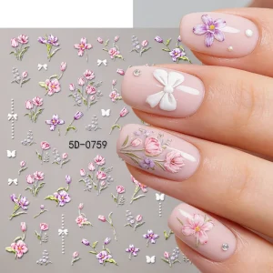 1pc 5D Relief Pink Purple Flower Plant Nail Sticker Tulip Rose Filve Petal Nail Decal Adhesive Nail Decoration Slider Decals