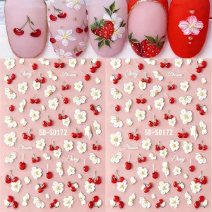 1pc Embossed Red White Flower Nail Art Stickers Rose Nail Decal Romantic Roses for Valentine’s Day Manicure Decal