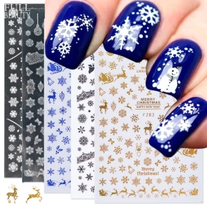 1pcs Gold 3D French Nail Sticker Plastic Adhesive Manicure Decoration Christmas Decals Snow Flower Deer Bell Slider