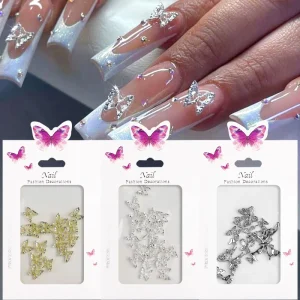 20 Pcs Nail Silver Alloy Accessories 3D Bow Metal Large Butterfly Wings Design Decal Nail Rhinestone for Nail Art