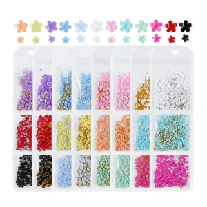 200 Pcs French Nail Art Five Petal Flower Ornaments Plastic Acrylic Resin Flowers with Gold and Silver Beads for Manicure
