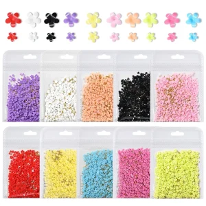 200Pcs 3D Resin Flower Nail Charms Gold Micro Beads Caviar Pearl Nail Art Accessories Mixed Color Floral Manicure Accessories