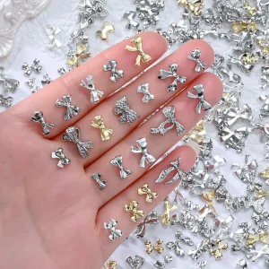 20Pcs 3D Alloy Silver Gold Bowknot Nail Art Charms Metal Ribbon Bow Nail Art Rhinestones Multiple Sizes Nail Accessories