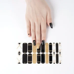 22 Tips Waterproof Japanese Classic Style Air Dry No Bake Black Color Nail Polish Strips with Gold Glitter Designs