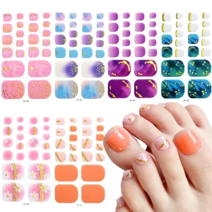 22tips/Sheet Baking Free Blue Leaf Design Flower Toenail Lines Sticker Full Cover Toe Nail Wraps Toenail Polish DIY Foot Decals