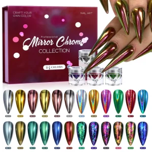 24 Colors Ultra Chrome Nail Powder Set Magic Mirror Effect Moonlight Aurora Pearl Pigment Glitter for Nails