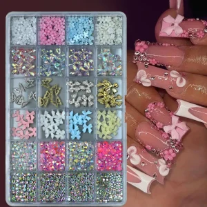 24 Grid Boxed Nail Art Accessories Sweet French Bow Pearl Nail Art Set DIY Accessories Custom Logo