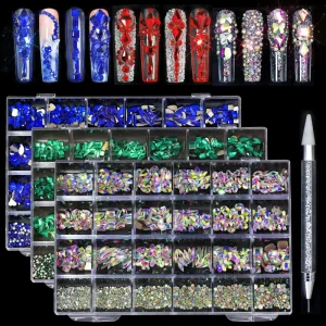 24 Grid Nail Art Rhinestone Set AB Color Flat Back Rhinestones Mixed Shapes Iridescent Crystal for Manicure Decoration